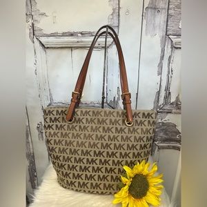 Michael Kors Jet Set Jacquard Tan Monogram Tote Bag